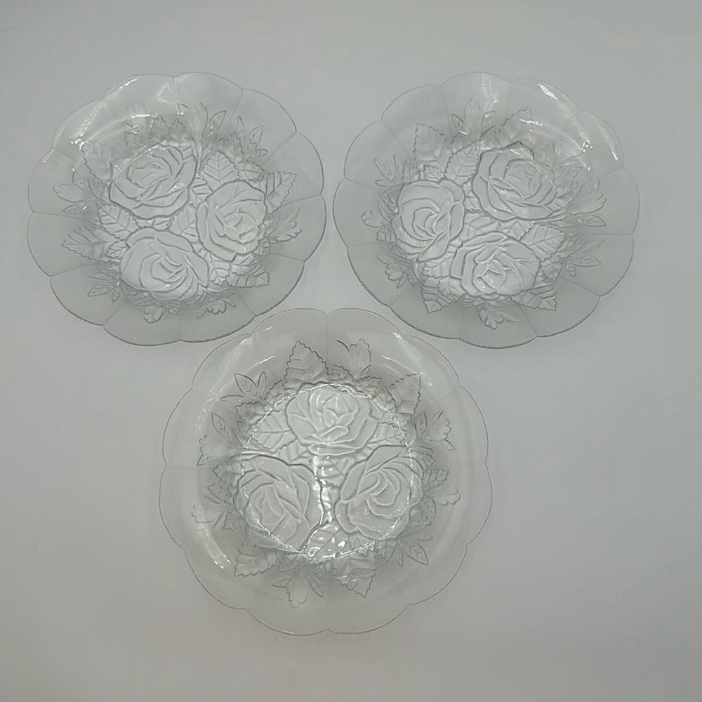 PASARI Indonesia Glass Salad Bowl Roses Clear with Frosted Edge set 3